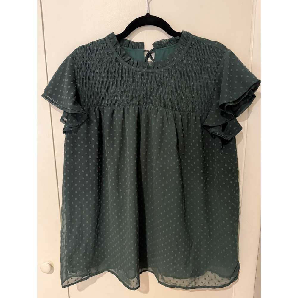 Women's Green Blouse Sheer Swiss Dot Cap Sleeve XL Smocked High Neck